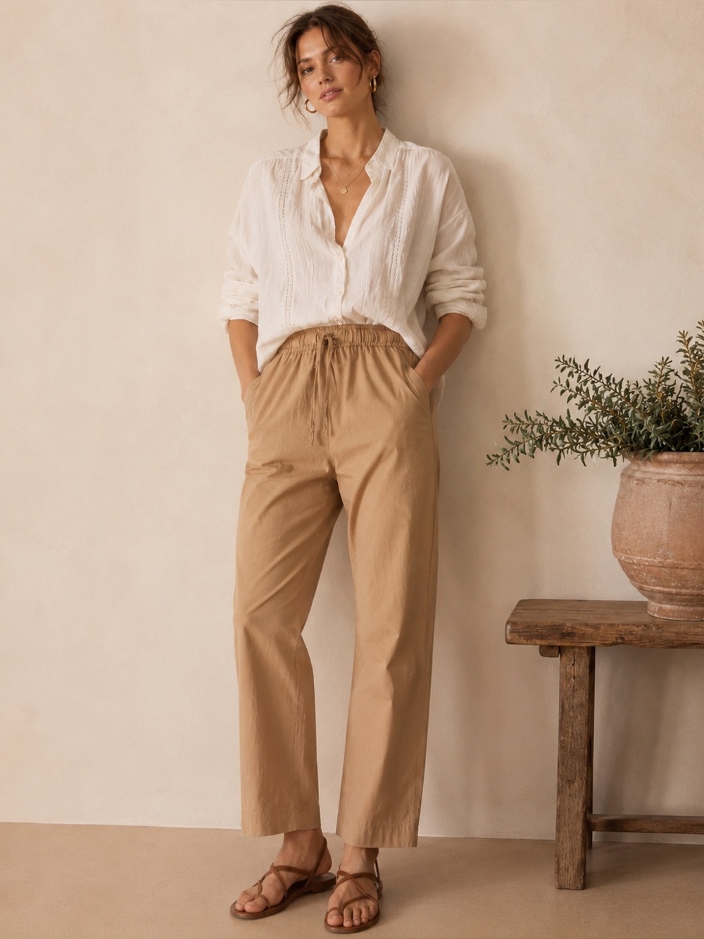 XíRENA Draper Pant Camel Cotton Poplin Drawstring Pull-On Ankle Pants Size XS